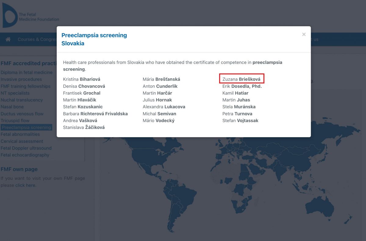 Fetal Medicine Foundation certifikát Preeclampsia screening