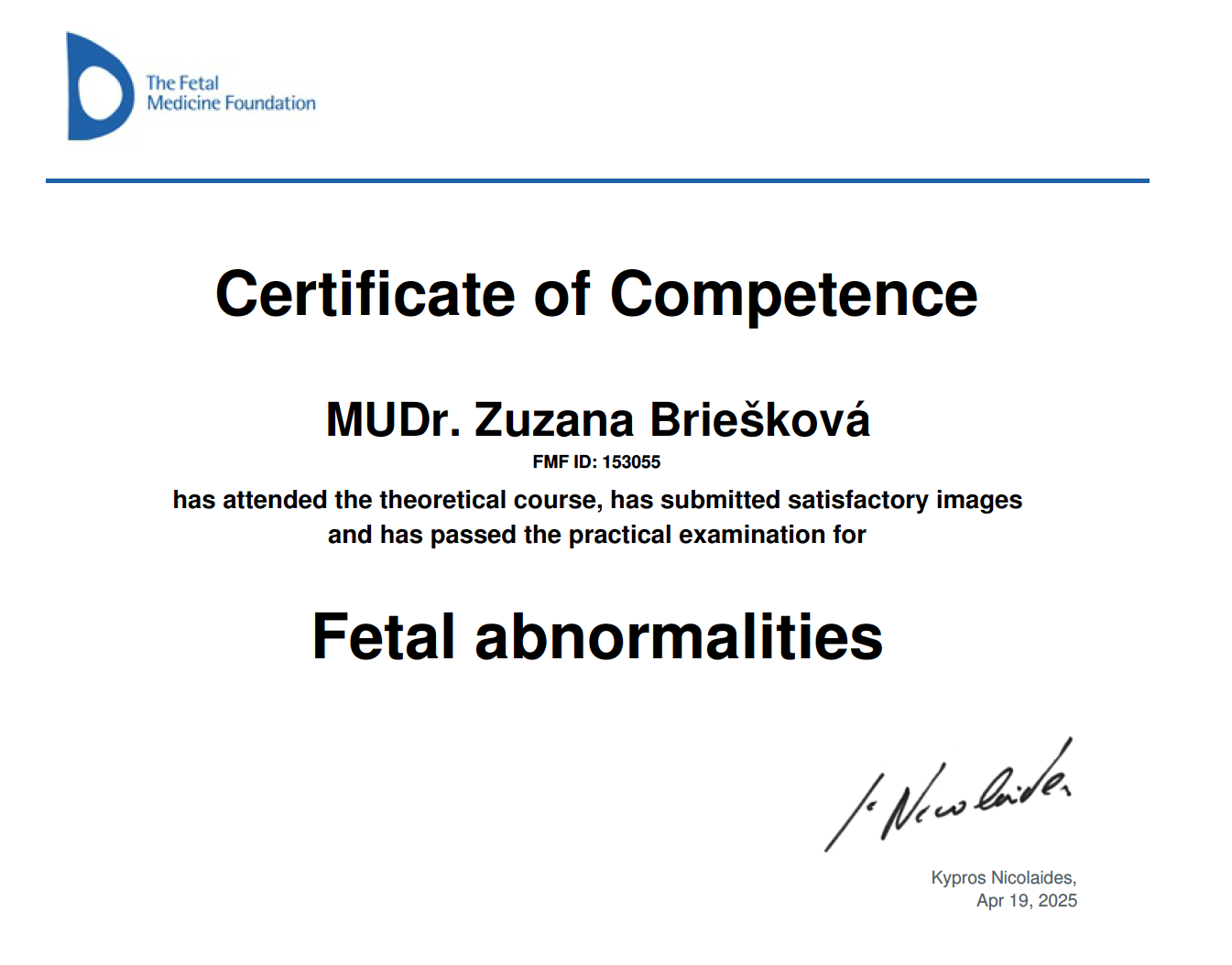 Certifikát - Morfologické vyšetrenie plodu - 2. trimester