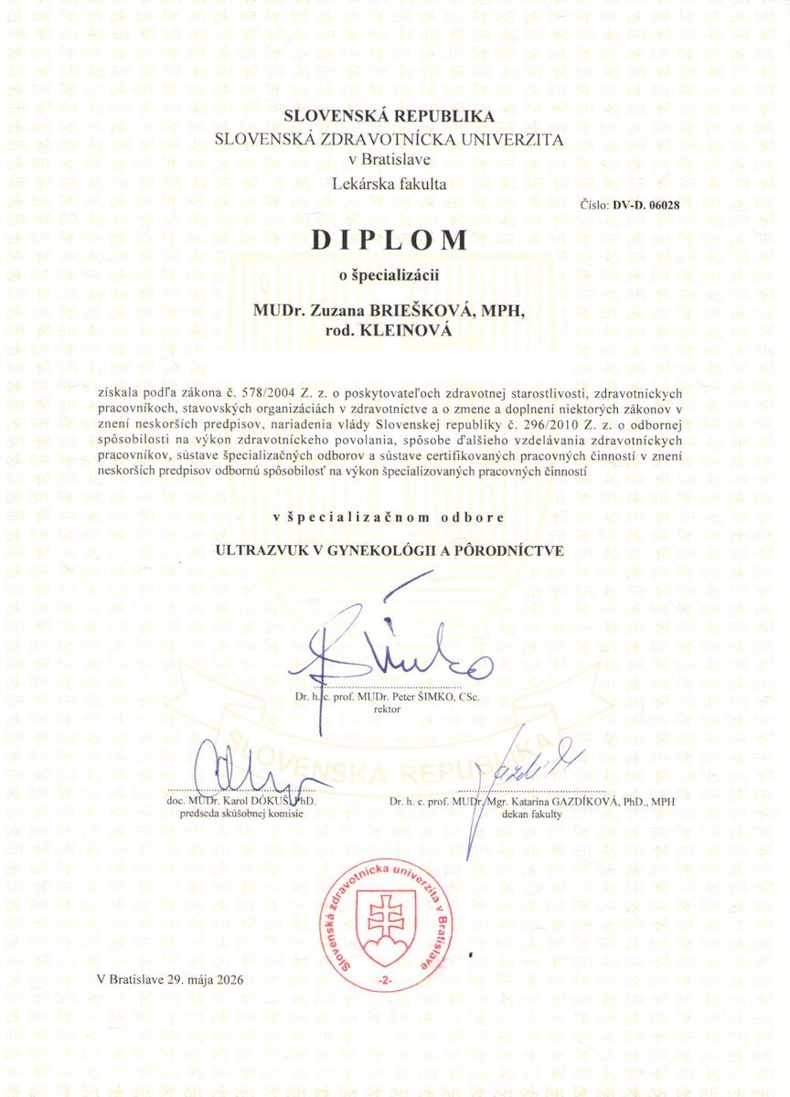 Diplom Ultrazvuková atestácia MUDr. Zuzana Briešková, MPH